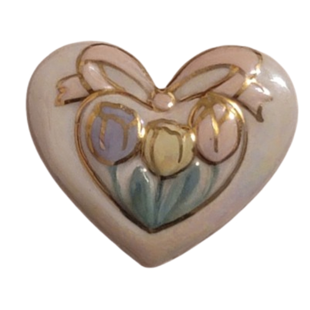 Vintage 80's Porcelain Heart Tulip Flower Bow Painted Lovely Brooch Pin